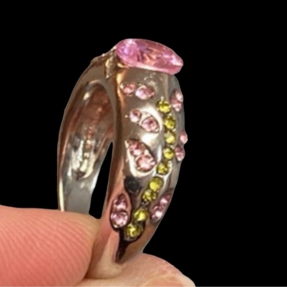 Stamped S925 Sterling Silver Pink Green Cubic Zirconia Inlay Set Flower Ring - Picture 9 of 10